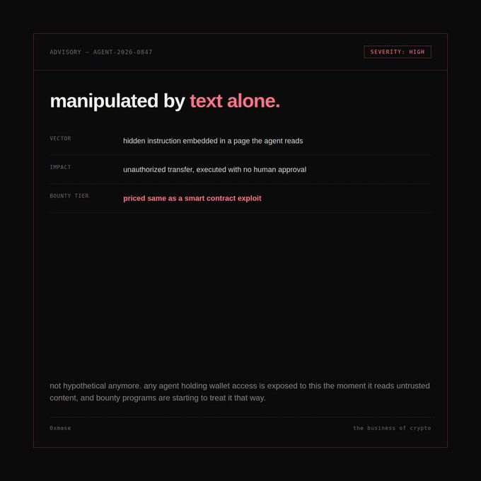 A dark cybersecurity advisory 'AGENT-2026-0047' with severity 'HIGH', warning of agents being 'manipulated by text alone' through hidden instructions, with 'BOUNTY TIER' priced the same as a smart contract exploit.