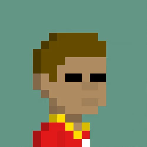 A pixel art character with brown hair, black rectangular eyes, and a red shirt stands against a teal background.