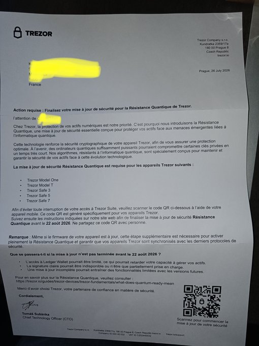 A formal letter from Trezor Company s.r.o. (Prague, dated July 26, 2026) addressed to a recipient in France, requesting action to finalize the 'Résistance Quantique' security update for Trezor hardware wallets (Model One, T, Safe 3, Safe 5, Safe 7) before August 22, 2026, signed by CTO Tomáš Sušánka with a QR code for scanning.
