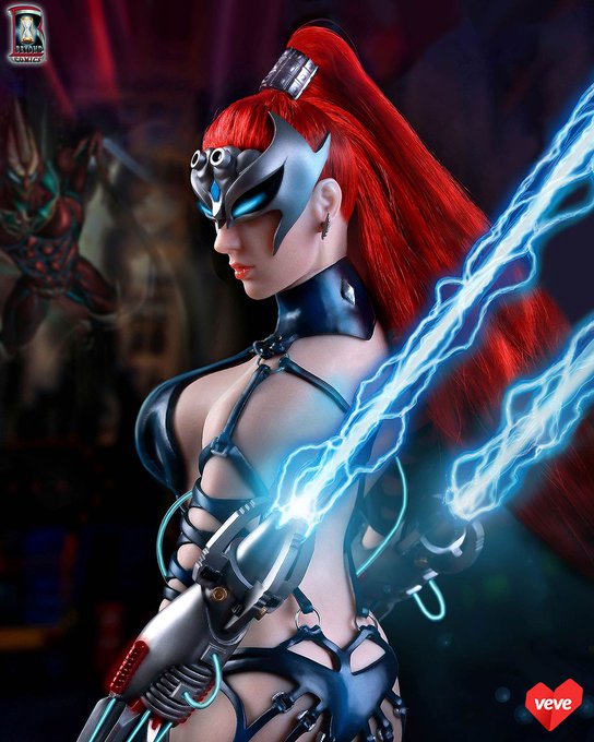 A 3D rendered cyberpunk-style female character with red hair, a metallic eye mask, and futuristic attire holds a glowing blue energy weapon, marked with a 'veve' logo and 'Strangiverse Comic' badge.