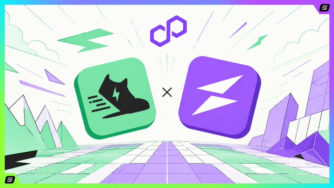 Graphic showing two app icons multiplied with an 'x' between them — a green icon with a running cat and a purple icon with a white zigzag — against a stylized geometric background.