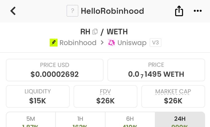 A screenshot from Uniswap V3 showing the RH/WETH trading pair for "HelloRobinhood" token, displaying a price of $0.00002692 USD, extremely low liquidity of $15K, and a market cap of $26K.