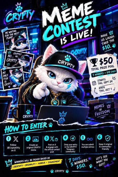 Promotional poster for a 'CRYPTO MEME CONTEST IS LIVE!' with a $50 total prize pool, running from September 24 to October 1, featuring a white cat wearing a CRYPTO hat and jacket.