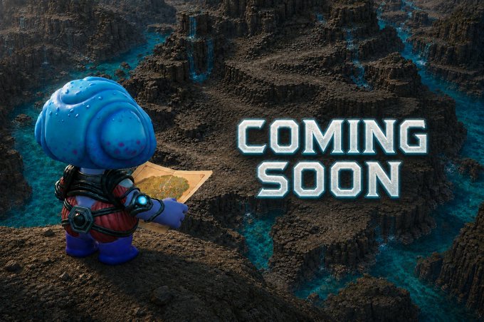 A 3D-rendered scene of a blue alien character with a large head, wearing a suit and holding a map, standing on a rocky cliff overlooking a canyon with 'COMING SOON' text.