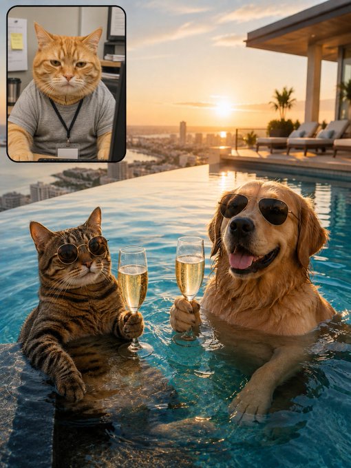 A humorous AI-generated image showing a cat and golden retriever wearing sunglasses and clinking champagne glasses in an infinity pool at sunset, with an inset photo of an orange cat in an office lanyard.