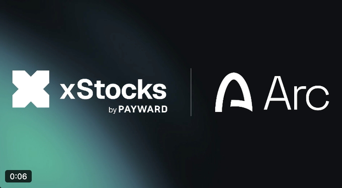 A dark banner displaying the logos 'xStocks by PAYWARD' and 'Arc' side by side, indicating a partnership.