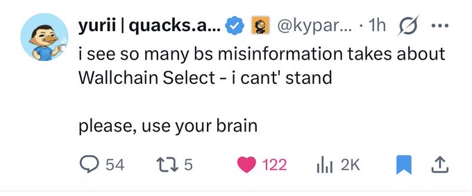 The image features a Twitter post written by a person named Yuri J quacks. The post includes a message about using one's brain, asking for help or advice from their followers. The post also mentions Wallchain Select as an example of a new approach that has been implemented in the system.