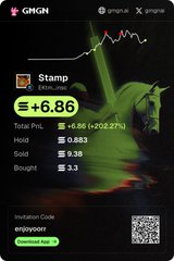 A mobile app screenshot showing crypto token 'Stamp' with a value of ₠6.86 (+22.27%), along with PNL, hold, sold, and bought statistics on the GHGN platform.