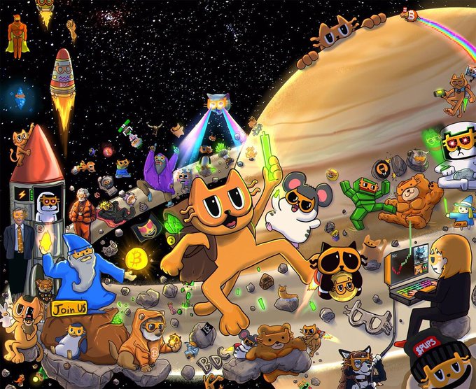 A colorful cartoon illustration depicting numerous cat-themed characters in a space/moon setting, featuring rockets, a wizard, a trader at a computer, and characters holding money and Bitcoin logos.