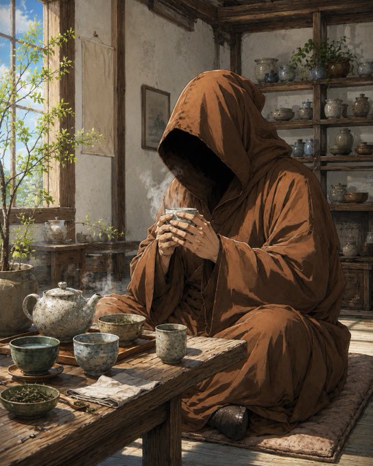 A figure in a brown hooded robe sits at a wooden table holding a steaming cup, surrounded by tea pots and bowls in a rustic room.