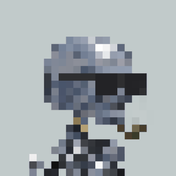 A pixel art image of a character with a helmet and sunglasses against a grey background.