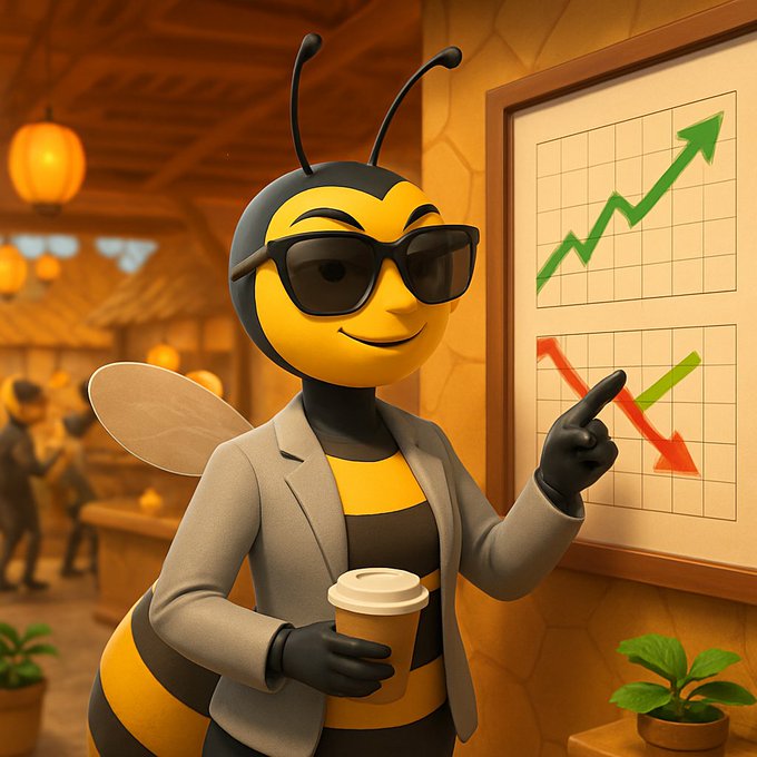 A 3D illustration of a bee character wearing sunglasses and a gray blazer, holding a coffee cup and pointing to a whiteboard displaying a green upward arrow chart and a red downward arrow chart.