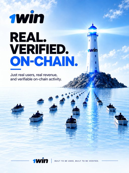 A promotional advertisement for '1win' showing a lighthouse and boats on water, with the tagline 'REAL. VERIFIED. ON-CHAIN. Just real users, real revenue, and verifiable on-chain activity.'