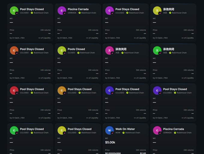 A dashboard displays multiple closed liquidity pools on Robinhood Chain, with most entries titled 'Pool Stays Closed' or its translations 'Piscina Cerrada', '泳池关闭', and 'Pools Closed', while one entry shows 'Walk On Water' (WOW) with a market cap of $5.00K.