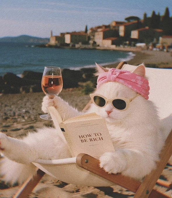 A fluffy white cat wearing a pink bandana and sunglasses lounges on a beach chair, holding a glass of rosé and reading a book titled 'HOW TO BE RICH' against a coastal Mediterranean backdrop.