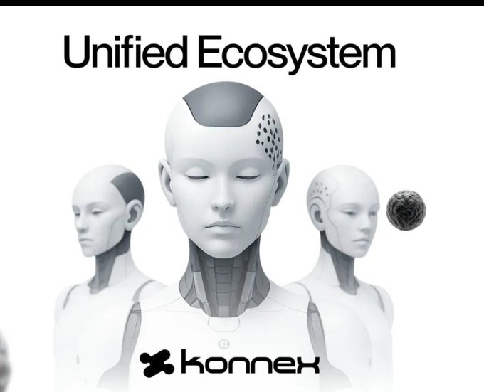 White-themed 'Unified Ecosystem' graphic for Konnec featuring three humanoid robots with closed eyes and a floating dark sphere.