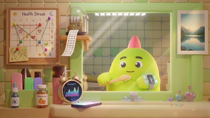 The image features a cartoon character sitting at a bathroom sink brushing his teeth while looking into a mirror. The character appears to be a green monster with a pink hat, giving him a unique appearance. In front of the character, there are various items such as toothbrushes and bottles, which add to the overall scene. The post about @sleepagotchi has been mentioned in the image description, suggesting that it might be related to the cartoon or the bathroom setting.