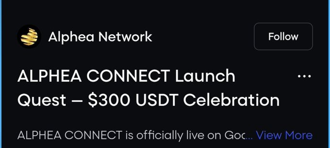 The image shows a social media post from "Alphea Network" announcing the "ALPHEA CONNECT Launch Quest — $300 USDT Celebration," indicating that the ALPHEA CONNECT platform is officially live on Galxe, which ties into the caption's promotion of a giveaway where 30 participants can win $10 USDT each via the Galxe quest link.