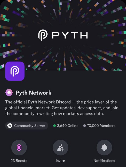 A Discord server invite page for 'Pyth Network' with the Pyth logo at the top, describing it as 'The official Pyth Network Discord — the price layer of the global financial market,' showing 3,640 online members out of 70,000.