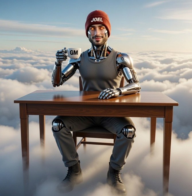 A surreal digital artwork of a cyborg/android with a human face wearing a red beanie labeled 'JOEL', sitting at a wooden table holding a mug labeled 'GM', floating above clouds in the sky.