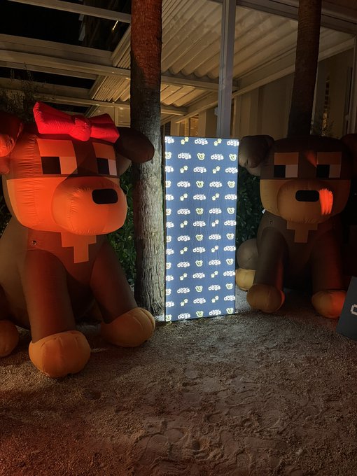 Nighttime photograph of two inflatable bear mascot decorations flanking an illuminated display screen with a repeating bear logo pattern.