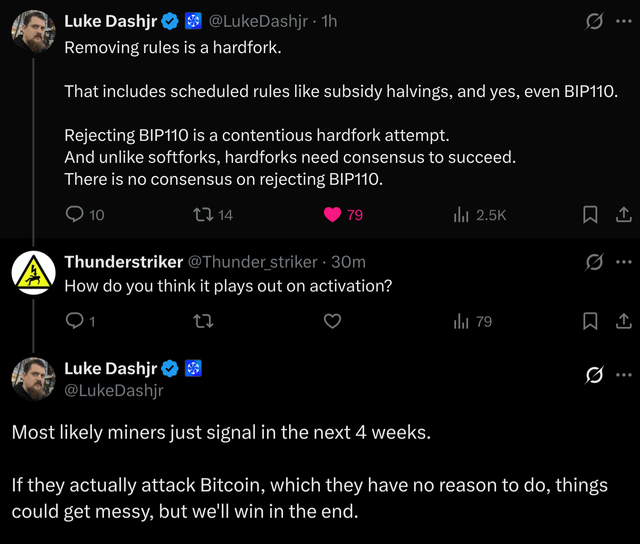 A screenshot of an X thread where Luke Dashjr (@LukeDashjr) argues that removing rules—including rejecting BIP110—constitutes a contentious hardfork requiring consensus, predicting miners will likely signal within four weeks and "we'll win in the end."