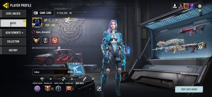 A player profile screen from a mobile game displays the username 'APモレキAngel', tier 401, and shows a female character alongside weapon and vehicle skins.