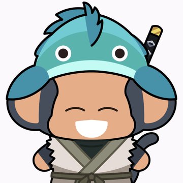 A cartoon illustration of a smiling monkey character wearing a teal helmet and carrying a sword on its back, dressed in ninja-style attire.