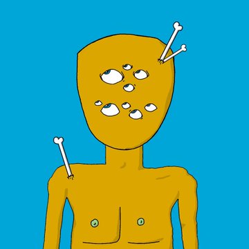 Illustration of a yellow figure with multiple eye-like holes in its face and white sticks protruding from its head and shoulder, against a blue background.