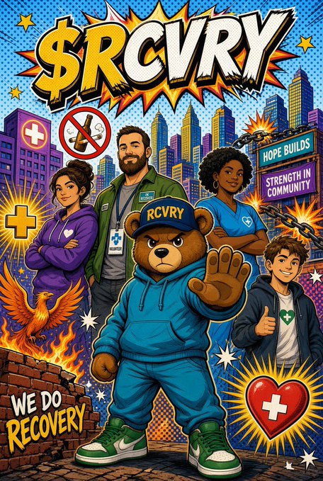 A vibrant pop-art style poster titled '$RCVRY' features a cartoon bear in a blue hoodie and 'RCVRY' cap with its palm raised, surrounded by diverse human characters, a phoenix rising from flames, a broken chain, and text reading 'WE DO RECOVERY', 'HOPE BUILDS', and 'STRENGTH IN COMMUNITY'.