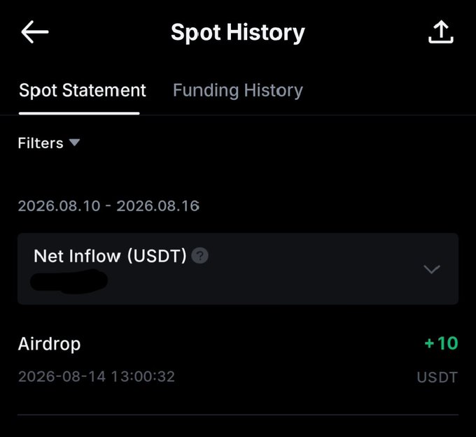 A mobile app screenshot showing 'Spot History' with a 'Spot Statement' tab selected, displaying an Airdrop of +10 USDT dated 2026-08-14 13:00:32, with the Net Inflow amount blacked out.