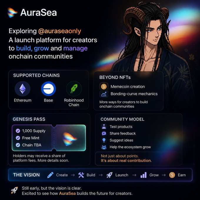 A promotional graphic for **AuraSea (@auraseaonly)** featuring an anime-style horned character on a dark background, describing it as "a launch platform for creators to build, grow and manage onchain communities." The image highlights key features including support for Ethereum, Base, and Robinhood Chain, a Genesis Pass (1,000 supply, free mint, chain TBA), "Beyond NFTs" tools like memecoin creation and bonding-curve mechanics, and a community model emphasizing real contribution. The graphic visually reinforces the post's message that AuraSea's vision extends beyond NFT launches to encompass full creator community management and growth, as summarized in its roadmap: Create → Build → Launch → Grow → Earn.