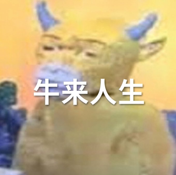 A blurry meme image of a character with Chinese text '牛来人生' (meaning 'bull life' or 'bullish life') overlaid in the center.
