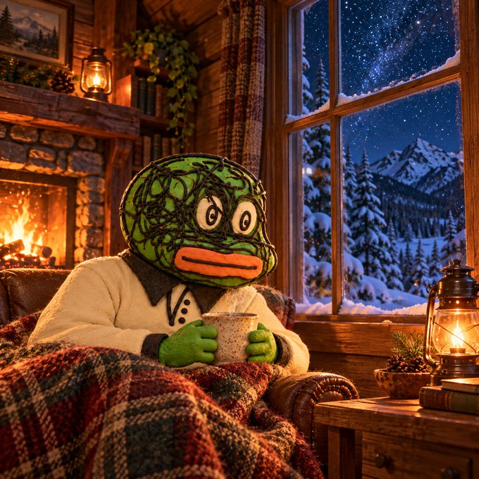 A whimsical digital artwork of a green duck-like creature wearing a sweater and covered in scribbles, sitting in a cozy wooden cabin with a fireplace, holding a mug while looking out at a snowy mountain scene under a starry night sky.