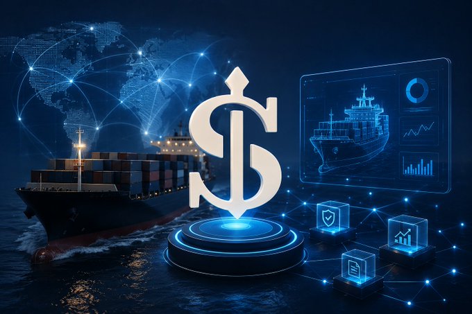 A digital illustration showing a large dollar sign floating above a platform, with a cargo ship, a world map with connected nodes, and holographic screens displaying shipping and analytics data, symbolizing global trade and finance.