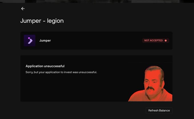 A dark-themed mobile app screen titled "Jumper - legion" displays a "NOT ACCEPTED" status and an "Application unsuccessful" message for an investment application, accompanied by a red-tinted photo of a man.