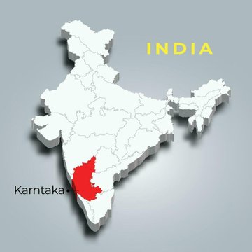 A 3D-rendered map of India highlights the state of Karnataka in red within the country's outline, labeled with the text "INDIA" at the top right and "Karnataka" to the left of the highlighted state. It visually identifies the southwestern region mentioned in the post about Karnataka partnering with Google for AI training in government schools.