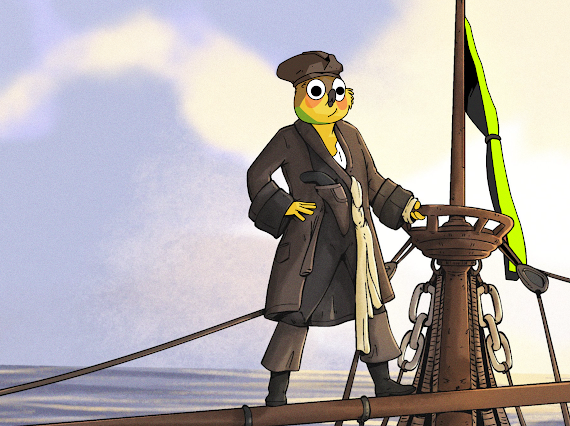 A 2D animated illustration shows a yellow bird character wearing a brown coat and tricorn hat standing at the helm of a wooden ship.