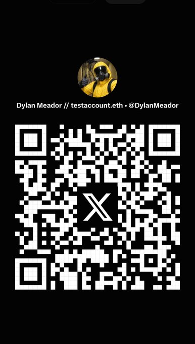 A QR code on a black background with a profile picture at the top and the text 'Dylan Meador // testaccount.eth · @DylanMeador' above it, featuring an X logo in the center.
