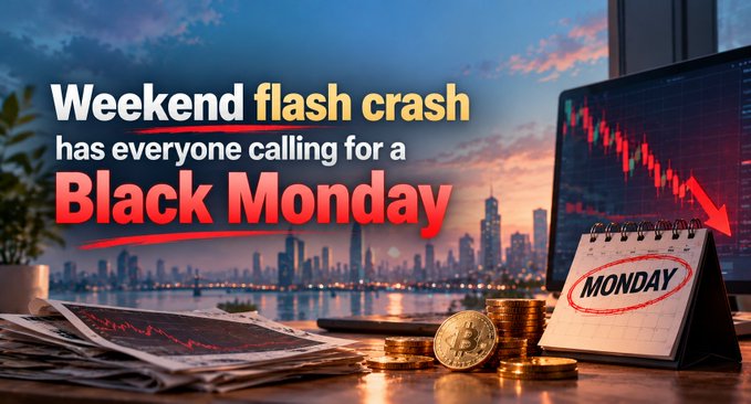 A graphic with the text "Weekend flash crash has everyone calling for a Black Monday" set against a city skyline at dusk, featuring a calendar page marked "MONDAY", falling stock charts, and stacks of Bitcoin coins.
