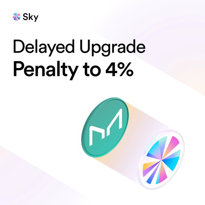 The image shows two coins, one with a green circle at its center representing "SKY", and another coin with a pink circle having the number 3 written on it. The text suggests that the coin with the 3 on it needs upgrading to MKR (Mkr) from SKY before the penalty increases to 4%.
