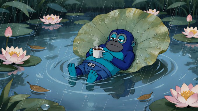 A cartoon illustration of a blue gorilla wearing a shirt labeled 'IRON', relaxing on a lily pad in a rainy pond while holding a steaming cup, surrounded by pink lotus flowers.