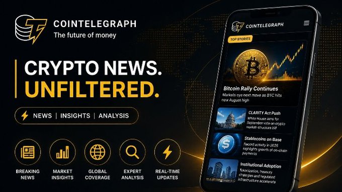 A Cointelegraph promotional banner featuring the tagline 'CRYPTO NEWS. UNFILTERED.' and 'NEWS | INSIGHTS | ANALYSIS,' showcasing a smartphone with headlines like 'Bitcoin Rally Continues' and 'CLARITY Act Push' alongside icons for Breaking News, Market Insights, Global Coverage, Expert Analysis, and Real-Time Updates.
