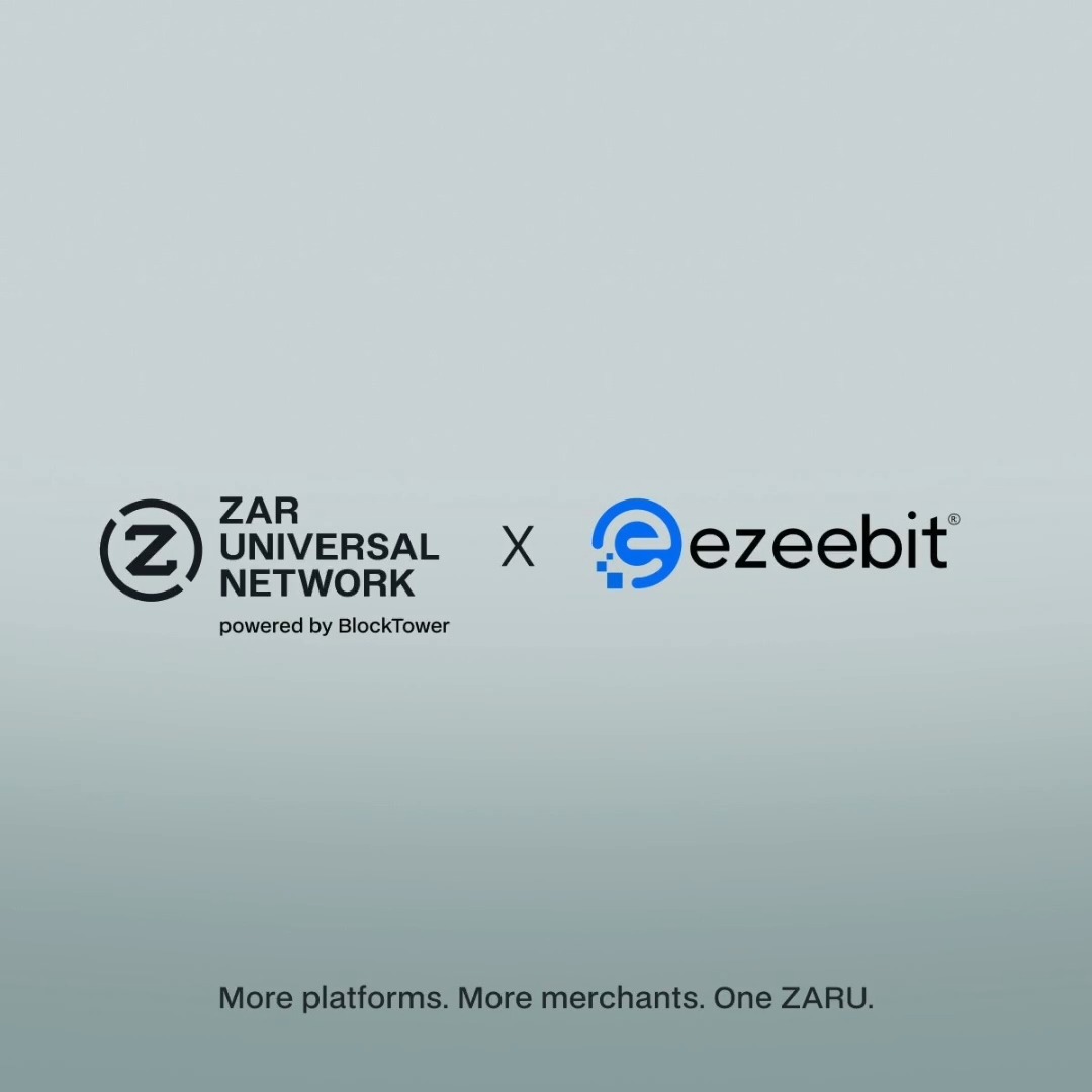 A promotional graphic announcing a collaboration between ZAR Universal Network (powered by BlockTower) and ezeebit, with the tagline 'More platforms. More merchants. One ZARU.'