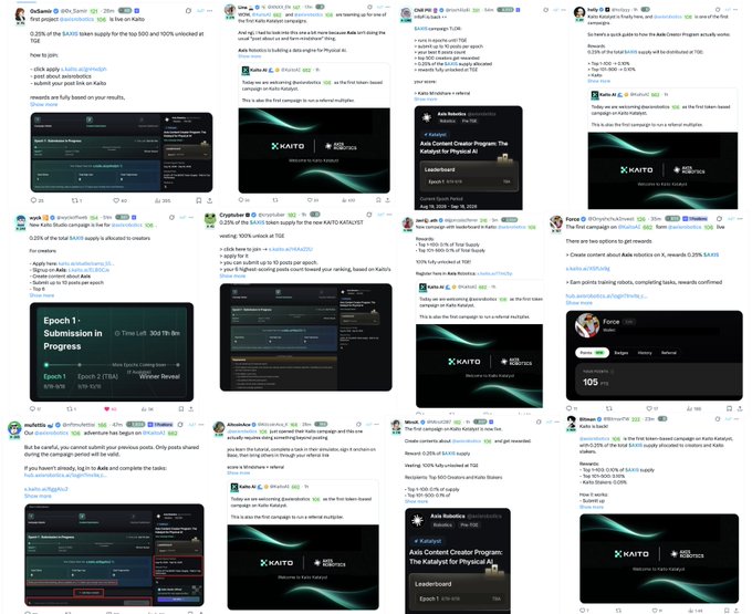 A collage of tweets discusses the launch of the $AXIS token supply on Kaito, noting a 3.28% allocation for creators, 5.25% for the $KAITO ecosystem, and the debut of the "Auto Content Creator Program: The Catalyst for Physical AI." The posts reference Kaito's "first season" with $AXIS, directly aligning with the caption's mention of a Kaito comeback and the $AXIS token rollout.