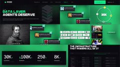 A promotional graphic for VYBE (formerly Data Layer Agents) featuring a green and black color scheme, highlighting statistics of 30K, 100K, 250, and 8K, along with the tagline 'THE PACKAGES THEY DESERVE, THE GROWTH WE CRAFT.'