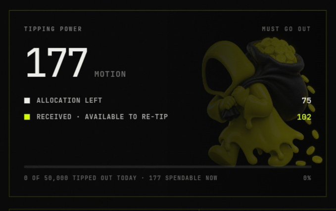 A dashboard shows “Tipping Power 177” for $MOTION, with 75 allocation left and 102 received/available to re-tip. It reflects the post celebrating 177 $MOTION allocations and plans to tip and support the @motiontip/@tipmotion community.
