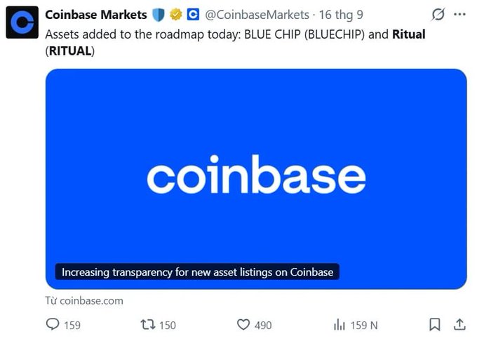 A social media post from 'Coinbase Markets' (@CoinbaseMarkets) announcing that 'BLUE CHIP (BLUECHIP)' and 'Ritual (RITUAL)' have been added to the asset roadmap today, featuring the blue Coinbase logo.