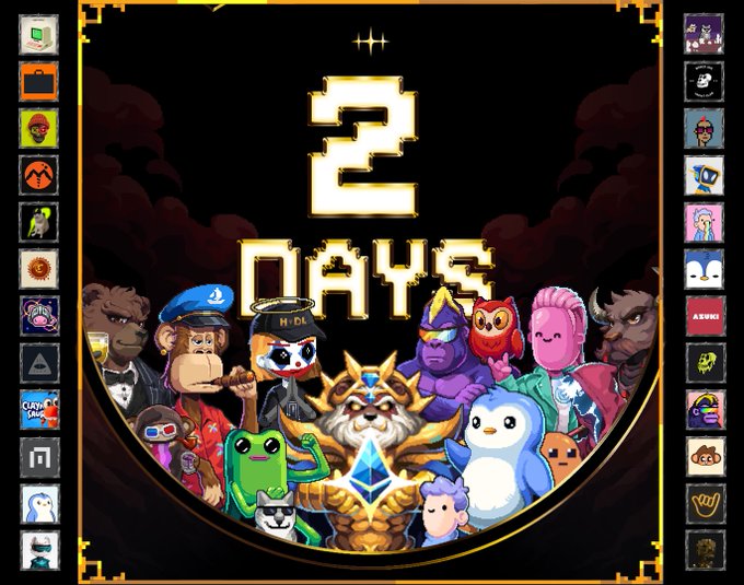 A pixel art countdown graphic displays "2 DAYS" in large gold letters above a circular arrangement of NFT character avatars, with a central golden crowned lion holding a blue gem, surrounded by a dark cloud-filled background and framed by vertical columns of additional character icons on both sides.