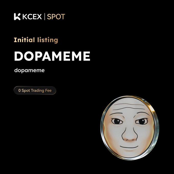 A promotional graphic on a black background announcing the 'Initial listing' of 'DOPAMEME' on the 'KCEX | SPOT' exchange with '0 Spot Trading Fee', featuring a 3D rendering of the Wojak meme face.